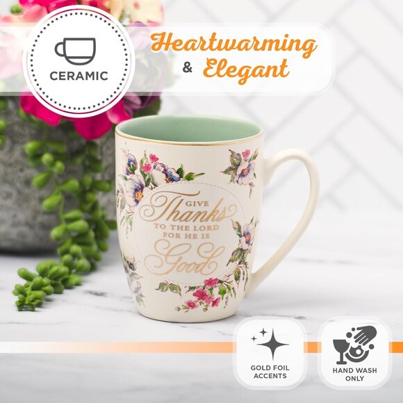 Ceramic Novelty Scripture Coffee & Tea Mug for Women: Give Thanks Inspirational - Picture 4 of 6